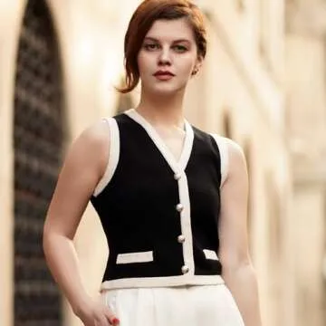 GOELIA Women's Black Sleeveless V Neck Knit Sweater Vest Cardigan Summer Cute Black Sleeveless Sweater Vest Knit V Neck Cardigan