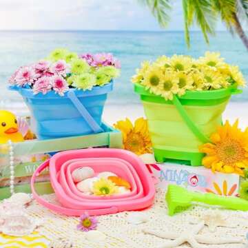 NINAOR Collapsible Bucket Beach Toys for Kids, 3Pcs Silicone Foldable Pail Beach Accessories Sand To...