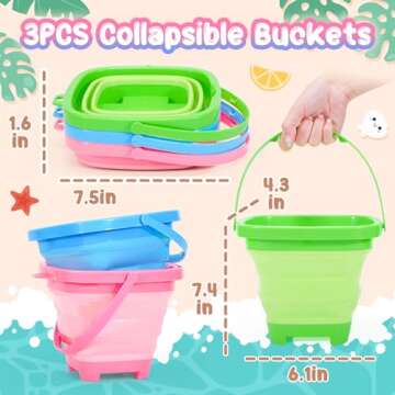 NINAOR Collapsible Bucket Beach Toys for Kids, 3Pcs Silicone Foldable Pail Beach Accessories Sand Toys for Sandbox Camping Outdoor Toys Summer Outside Beach Travel