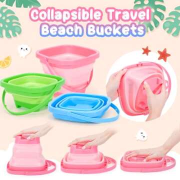 NINAOR Collapsible Bucket Beach Toys for Kids, 3Pcs Silicone Foldable Pail Beach Accessories Sand Toys for Sandbox Camping Outdoor Toys Summer Outside Beach Travel
