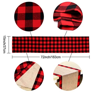 AerWo Buffalo Plaid Christmas Table Runner 14 x 72 Inch，Double Sided Red Black Buffalo Check and Burlap Table Runner for Christmas Winter Holiday Decorations