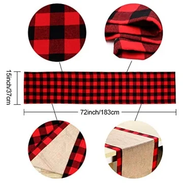 AerWo Buffalo Plaid Christmas Table Runner 14 x 72 Inch，Double Sided Red Black Buffalo Check and Burlap Table Runner for Christmas Winter Holiday Decorations