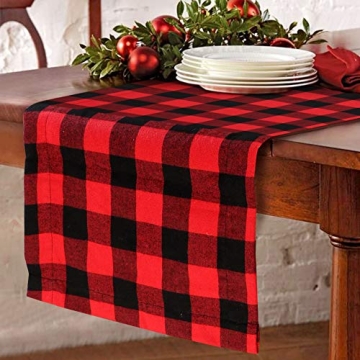 AerWo Buffalo Plaid Christmas Table Runner 14 x 72 Inch，Double Sided Red Black Buffalo Check and Burlap Table Runner for Christmas Winter Holiday Decorations