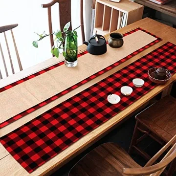 AerWo Buffalo Plaid Christmas Table Runner 14 x 72 Inch，Double Sided Red Black Buffalo Check and Burlap Table Runner for Christmas Winter Holiday Decorations