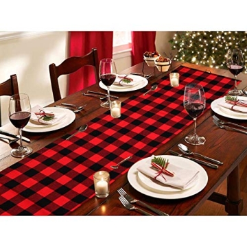 AerWo Buffalo Plaid Christmas Table Runner 14 x 72 Inch，Double Sided Red Black Buffalo Check and Burlap Table Runner for Christmas Winter Holiday Decorations