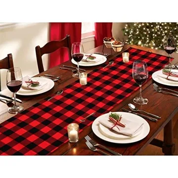 AerWo Buffalo Plaid Christmas Table Runner 14 x 72 Inch，Double Sided Red Black Buffalo Check and Burlap Table Runner for Christmas Winter Holiday Decorations