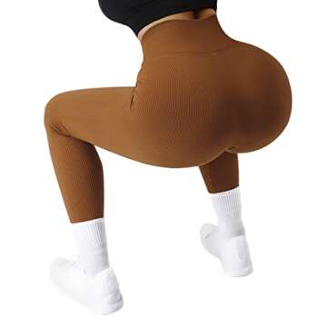 SUUKSESS Women Ribbed Seamless Leggings High Waisted Tummy Control Workout Yoga Pants (Brown, S)
