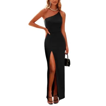 PRETTYGARDEN Women's Summer Formal Wedding Guest Dresses One Shoulder Maxi Dress (Black, Small)