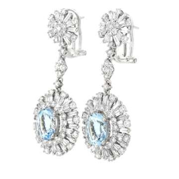 Dangling Earrings, Aquamarine 3.07 Carat Adjacent Natural Baguette and Round Brilliant Diamonds 4.03 Carat. Set in 18K White Gold.