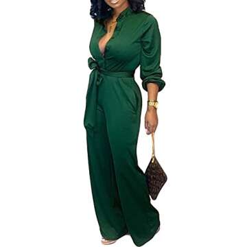 Green Jumpsuit for Women Dressy Elegant Sexy Long Sleeve Long Straight Pants Office Jumpsuits with Belt Pockets Button(Medium)