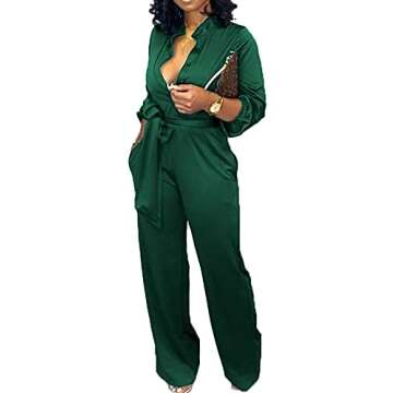 Green Jumpsuit for Women Dressy Elegant Sexy Long Sleeve Long Straight Pants Office Jumpsuits with Belt Pockets Button(Medium)