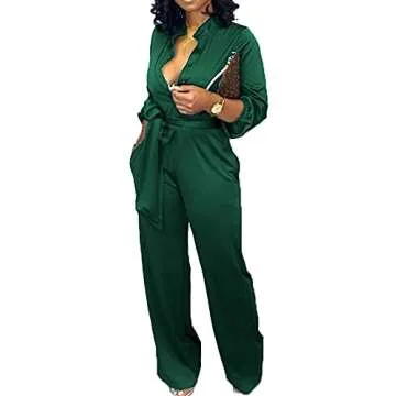 Green Jumpsuit for Women Dressy Elegant Sexy Long Sleeve Long Straight Pants Office Jumpsuits with Belt Pockets Button(Medium)
