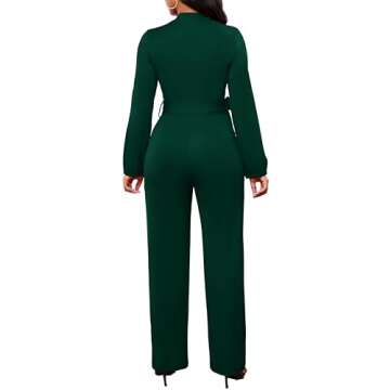 Green Jumpsuit for Women Dressy Elegant Sexy Long Sleeve Long Straight Pants Office Jumpsuits with Belt Pockets Button(Medium)
