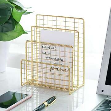 Geiornzer 3 Slots Letter Holder, Metal Multifunctional File Holder for Mails, Books, Brochures and Postcards, Desktop Office Organizer Decoration, 5.6” x 3.7” x 7.0”, Gold