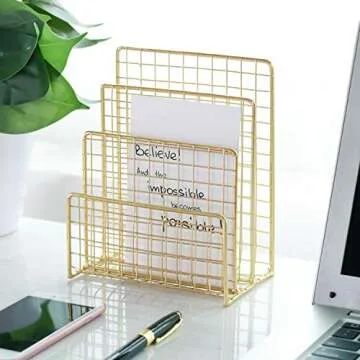 Geiornzer 3 Slots Letter Holder, Metal Multifunctional File Holder for Mails, Books, Brochures and Postcards, Desktop Office Organizer Decoration, 5.6” x 3.7” x 7.0”, Gold