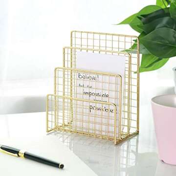 Geiornzer 3 Slots Letter Holder, Metal Multifunctional File Holder for Mails, Books, Brochures and Postcards, Desktop Office Organizer Decoration, 5.6” x 3.7” x 7.0”, Gold