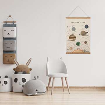 Bon et Beau 16 x 24 Inch Embroidered Solar System Wall Decor Framed with Wood Hanger - Outer Space Planets Poster for Boys and Girls Nursery, Bedroom, Playroom, Toddler and Kids Room