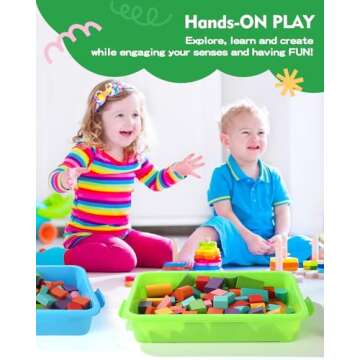 AtMini Sensory Bin Sand Tray with Lid for Toddlers 2 Pcs 15in Portable Sandbox Toy Large Plastic Tray for Kids 3 4 5 6 Fill with Sand, Water, Beads, and More (Green+Blue)