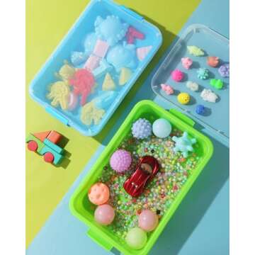 AtMini Sensory Bin Sand Tray with Lid for Toddlers 2 Pcs 15in Portable Sandbox Toy Large Plastic Tray for Kids 3 4 5 6 Fill with Sand, Water, Beads, and More (Green+Blue)