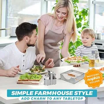 Saratoga Home Salt Pepper Shaker Set with Holder, Salt and Pepper Shakers Farmhouse, Saliere Et Poivriere, Seasoning Holder for Kitchen, Vintage Spice Small Jar Set for Kitchen Table, Silver