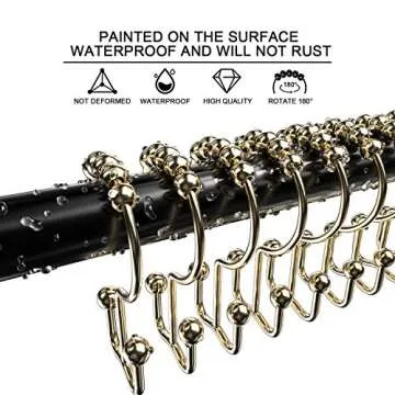 VMVN Shower Curtain Hooks Rings, Rust Resistant Shower Curtain Rings Metal Hook Double Glide Rollers, Shower Hooks for Bathroom Shower Curtain Rods,Set of 12