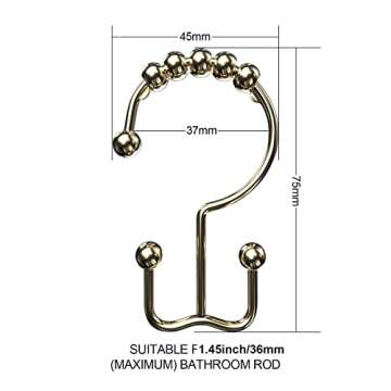 VMVN Shower Curtain Hooks Rings, Rust Resistant Shower Curtain Rings Metal Hook Double Glide Rollers, Shower Hooks for Bathroom Shower Curtain Rods,Set of 12