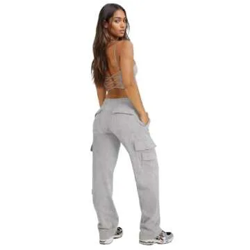 Waitfairy Womens Cargo Joggers - Casual High Waisted Fleece Sweatpants with Pockets Grey M