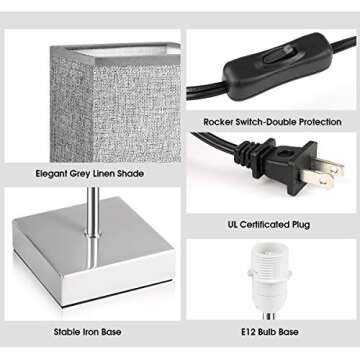 EPTISON Bedside Lamps, 3 Way Dimmable Touch Control Table Lamp with Grey Linen Fabric Shade, Modern Nightstand Lamps for Bedroom, Living Room, Kids Room, Dorm, Set of 2 (LED Bulbs Included)