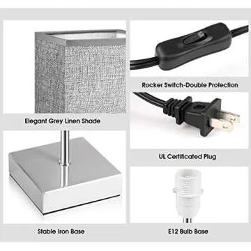 EPTISON Bedside Lamps, 3 Way Dimmable Touch Control Table Lamp with Grey Linen Fabric Shade, Modern Nightstand Lamps for Bedroom, Living Room, Kids Room, Dorm, Set of 2 (LED Bulbs Included)