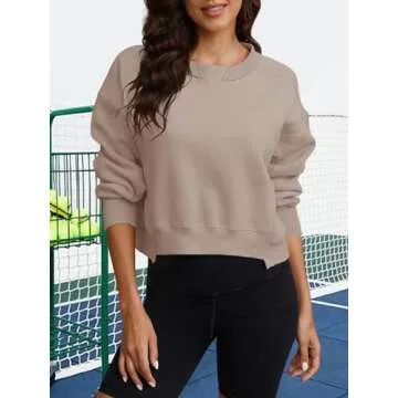 SENSERISE Womens Cropped Crewneck Sweatshirts Oversized Sweatshirt Fleece Pullover Crop Top Winter Fall Outfits (Dark Khaki,S)