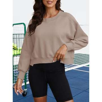 SENSERISE Womens Cropped Crewneck Sweatshirts Oversized Sweatshirt Fleece Pullover Crop Top Winter Fall Outfits (Dark Khaki,S)