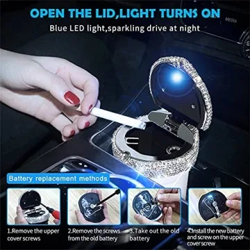 eing Car Ashtray Portable Bling Cigarette Smokeless Cylinder Cup Holder with Blue LED Light Indicator,Car Accessories for Women,Ideal for Car,Home and Office,1 - Pack White