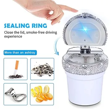 eing Car Ashtray Portable Bling Cigarette Smokeless Cylinder Cup Holder with Blue LED Light Indicator,Car Accessories for Women,Ideal for Car,Home and Office,1 - Pack White
