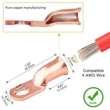 10pcs 4 Awg - 3/8" (M10) Sanuke Wire Lugs Ring Terminal Connectors Ends, UL Listed Heavy Duty for Battery Cable Lug Wire Electrical Eyelets with 3:1 Dual Wall Adhesive Heat Shrink