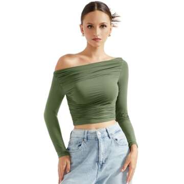 SUUKSESS Women Off Shoulder Long Sleeve Shirts Double Lined Fitted Crop Tops Y2K Tight T Shirts (Army Green,XS)
