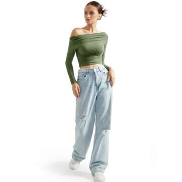 SUUKSESS Women Off Shoulder Long Sleeve Shirts Double Lined Fitted Crop Tops Y2K Tight T Shirts (Army Green,XS)