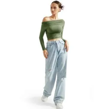 SUUKSESS Women Off Shoulder Long Sleeve Shirts Double Lined Fitted Crop Tops Y2K Tight T Shirts (Army Green,XS)