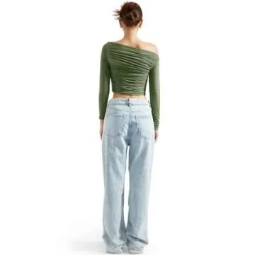 SUUKSESS Women Off Shoulder Long Sleeve Shirts Double Lined Fitted Crop Tops Y2K Tight T Shirts (Army Green,XS)