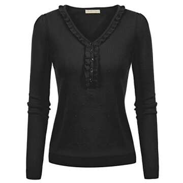 Women Vintage Pullover Sweater Black Ruffle Neck Top, Small