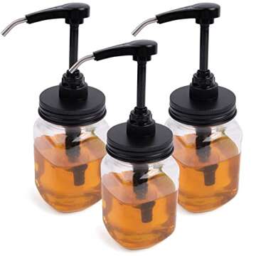 Syrup Pump - Coffee Syrup Dispenser -Pack of 3 Standard Size Pumps Glass Plastic Bottles Jars Right Dosage Liquid Soap Shampoo Cream Butter Honey Maple Agave Mustard BBQ Hot - Jar Not Included
