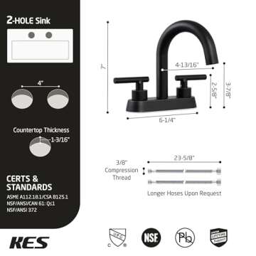 All Metal 4 Inch Matte Black Bathroom Sink Faucet, KES cUPC Centerset Vanity Faucet Modern 2 Handle, Sink Drain Not Included, L4117LFF12-BK