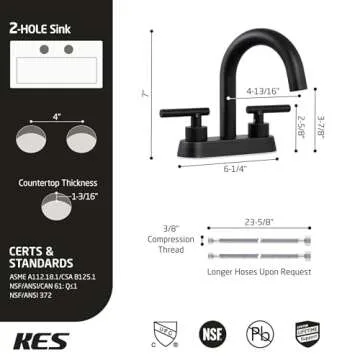 All Metal 4 Inch Matte Black Bathroom Sink Faucet, KES cUPC Centerset Vanity Faucet Modern 2 Handle, Sink Drain Not Included, L4117LFF12-BK
