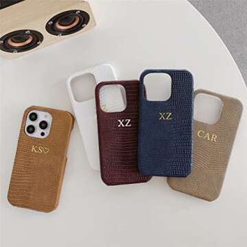 ZIPULIS Personalise Gold Silver Initial Letters Leather Case for iPhone 14 Promax 13 Pro Xs Max 12 11 XR 7 8 Plus Luxury Lizard Skin Texture PU Cover (Burgundy)