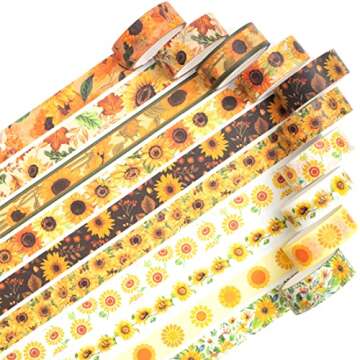 YUBX Sunflower Washi Tape Set 10 Rolls Floral Print Decorative Sun Flowers Masking Tapes for Arts, D...
