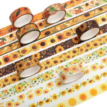 YUBX Sunflower Washi Tape Set 10 Rolls Floral Print Decorative Sun Flowers Masking Tapes for Arts, DIY Crafts, Journals, Planners, Scrapbook, Wrapping