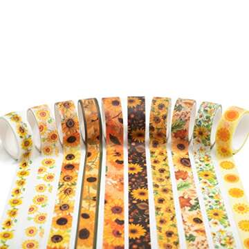 YUBX Sunflower Washi Tape Set 10 Rolls Floral Print Decorative Sun Flowers Masking Tapes for Arts, DIY Crafts, Journals, Planners, Scrapbook, Wrapping