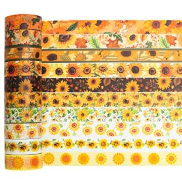 YUBX Sunflower Washi Tape Set 10 Rolls Floral Print Decorative Sun Flowers Masking Tapes for Arts, DIY Crafts, Journals, Planners, Scrapbook, Wrapping