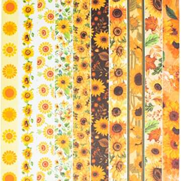 YUBX Sunflower Washi Tape Set 10 Rolls Floral Print Decorative Sun Flowers Masking Tapes for Arts, DIY Crafts, Journals, Planners, Scrapbook, Wrapping