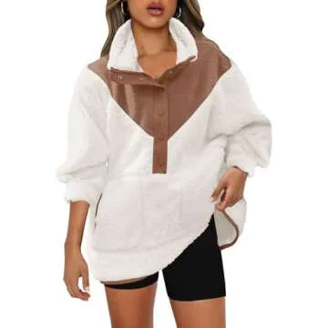 Panadila Womens Fuzzy Fleece Pullover Oversized Sherpa Sweatshirt with Pockets Trendy Warm Button Down Sweater (White,XL)
