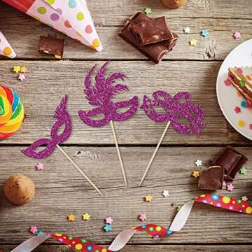 Gyufise 24Pcs Masquerade Masks Cupcake Toppers Purple Glitter Bachelorette Mask Cupcake Topper Mask Cake Picks Decorations for Masquerade Mardi Gras Party Baby Shower Birthday Party Supplies